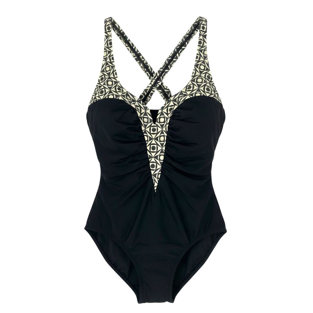 Shape Detector x Carol Wior Sz 14 Black Geometric Trim One Piece Swimsuit
